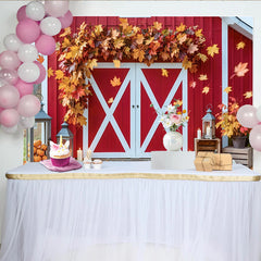Lofaris Rustic Red Barn Autumn Backdrop for Fall Photoshoot, featuring Maple Leaves and Pumpkins Wood Background Prop
