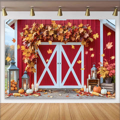 Lofaris Rustic Red Barn Autumn Backdrop for Fall Photoshoot, featuring Maple Leaves and Pumpkins Wood Background Prop