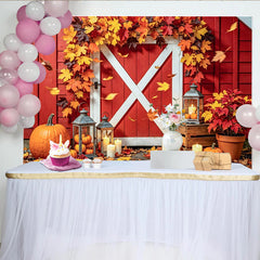 Celebrate Rustic Red Barn Autumn Thanksgiving Backdrop for Family, Festive Holiday Party Banner with Pumpkins and Lanterns
