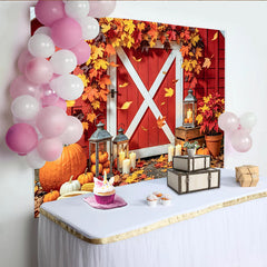 Celebrate Rustic Red Barn Autumn Thanksgiving Backdrop for Family, Festive Holiday Party Banner with Pumpkins and Lanterns
