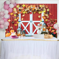 Lofaris Red Barn Door Autumn Backdrop with Maple Leaves and Pumpkins, Rustic Fall Decor Background for Thanksgiving Harvest Party