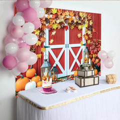 Lofaris Red Barn Door Autumn Backdrop with Maple Leaves and Pumpkins, Rustic Fall Decor Background for Thanksgiving Harvest Party