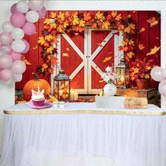 Celebrate Red Barn Thanksgiving Backdrop with Autumn Maple Leaves, Cozy Pumpkin and Lantern Background for Fall Party Decor