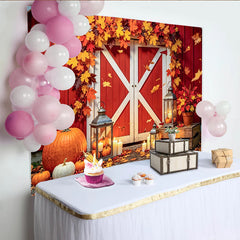 Celebrate Red Barn Thanksgiving Backdrop with Autumn Maple Leaves, Cozy Pumpkin and Lantern Background for Fall Party Decor