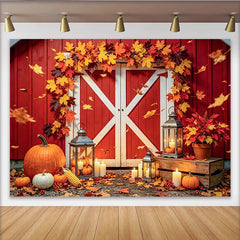 Celebrate Red Barn Thanksgiving Backdrop with Autumn Maple Leaves, Cozy Pumpkin and Lantern Background for Fall Party Decor