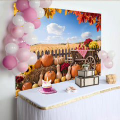 Celebrate Autumn Pumpkin Patch Photography Backdrop for Fall Portrait, Rustic Wooden Cart and Sunflower Background for Studio