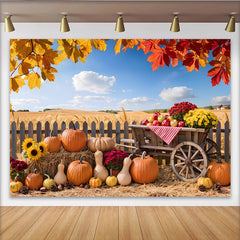 Celebrate Autumn Pumpkin Patch Photography Backdrop for Fall Portrait, Rustic Wooden Cart and Sunflower Background for Studio