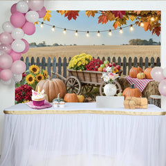 Celebrate Rustic Autumn Backdrop with Pumpkins and Sunflowers, Harvest Wooden Cart Background for Thanksgiving Photo Booth