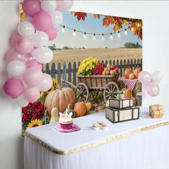 Celebrate Rustic Autumn Backdrop with Pumpkins and Sunflowers, Harvest Wooden Cart Background for Thanksgiving Photo Booth