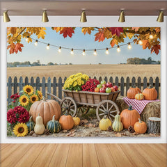 Celebrate Rustic Autumn Backdrop with Pumpkins and Sunflowers, Harvest Wooden Cart Background for Thanksgiving Photo Booth