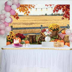 Lofaris Rustic Pumpkin Autumn Backdrop for Fall Harvest Portrait, Beautiful Sunflower and Wheelbarrow Background for Studio