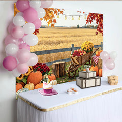 Lofaris Rustic Pumpkin Autumn Backdrop for Fall Harvest Portrait, Beautiful Sunflower and Wheelbarrow Background for Studio