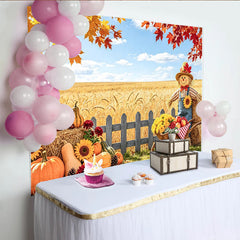 Celebrate Autumn Pumpkin Thanksgiving Backdrop with Scarecrow, Beautiful Wheat Field Banner for Autumn Party Decoration