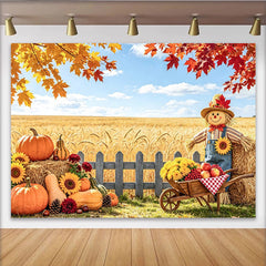 Celebrate Autumn Pumpkin Thanksgiving Backdrop with Scarecrow, Beautiful Wheat Field Banner for Autumn Party Decoration