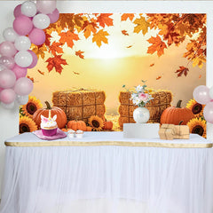 Capture Autumn Harvest Photography Backdrop with Pumpkins, Rustic Hay Bales and Maple Leaves Background for Autumn Portrait