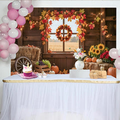 Celebrate Autumn Pumpkin and Maple Leaf Thanksgiving Backdrop, Rustic Wood Barn Background for Harvest Festival Party Decor