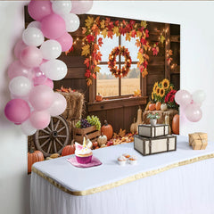 Celebrate Autumn Pumpkin and Maple Leaf Thanksgiving Backdrop, Rustic Wood Barn Background for Harvest Festival Party Decor