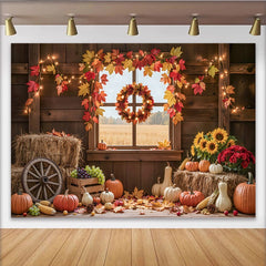 Celebrate Autumn Pumpkin and Maple Leaf Thanksgiving Backdrop, Rustic Wood Barn Background for Harvest Festival Party Decor