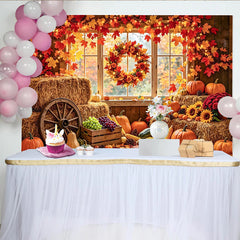 Lofaris Rustic Autumn Harvest Holiday Backdrop with Pumpkins, Hay Bales and Maple Leaves, Cozy Fall Farmhouse for Thanksgiving Party Decor