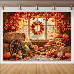 Lofaris Rustic Autumn Harvest Holiday Backdrop with Pumpkins, Hay Bales and Maple Leaves, Cozy Fall Farmhouse for Thanksgiving Party Decor