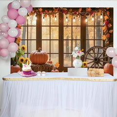 Lofaris Autumn Window Photography Backdrop with Pumpkins and Sunflowers, Rustic Fall Harvest Scene for Studio Photoshoot Decor