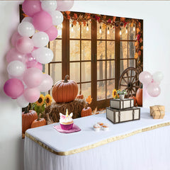 Lofaris Autumn Window Photography Backdrop with Pumpkins and Sunflowers, Rustic Fall Harvest Scene for Studio Photoshoot Decor