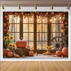 Lofaris Autumn Window Photography Backdrop with Pumpkins and Sunflowers, Rustic Fall Harvest Scene for Studio Photoshoot Decor