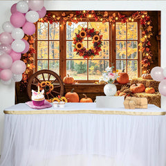 Celebrate Rustic Autumn Backdrop with Pumpkins and Sunflowers, Cozy Thanksgiving Window Background for Studio Portrait