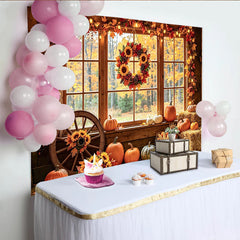 Celebrate Rustic Autumn Backdrop with Pumpkins and Sunflowers, Cozy Thanksgiving Window Background for Studio Portrait