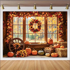 Celebrate Rustic Autumn Backdrop with Pumpkins and Sunflowers, Cozy Thanksgiving Window Background for Studio Portrait