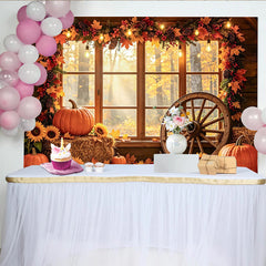Celebrate Cozy Autumn Pumpkin Thanksgiving Backdrop for Harvest, Rustic Wooden Window Background with Sunflowers and Wheel