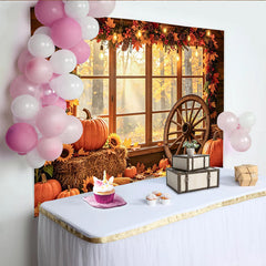 Celebrate Cozy Autumn Pumpkin Thanksgiving Backdrop for Harvest, Rustic Wooden Window Background with Sunflowers and Wheel