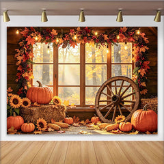 Celebrate Cozy Autumn Pumpkin Thanksgiving Backdrop for Harvest, Rustic Wooden Window Background with Sunflowers and Wheel