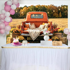 Lofaris Vintage Orange Truck Autumn Backdrop with Pumpkins and Hay Bales, Rustic Fall Harvest Photography Background for Family Photoshoot