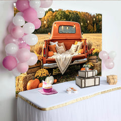 Lofaris Vintage Orange Truck Autumn Backdrop with Pumpkins and Hay Bales, Rustic Fall Harvest Photography Background for Family Photoshoot