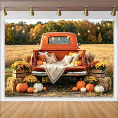 Lofaris Vintage Orange Truck Autumn Backdrop with Pumpkins and Hay Bales, Rustic Fall Harvest Photography Background for Family Photoshoot
