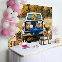 Capture Rustic Fall Pickup Truck Autumn Backdrop with Pumpkins, Scenic Sunflower and Hay Bale Decor for Studio Photo Booth
