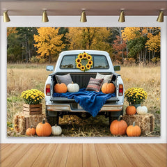 Capture Rustic Fall Pickup Truck Autumn Backdrop with Pumpkins, Scenic Sunflower and Hay Bale Decor for Studio Photo Booth