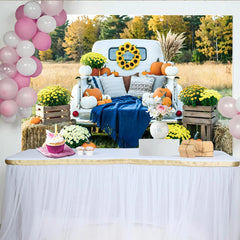 Lofaris White Truck Autumn Harvest Holiday Backdrop with Pumpkins and Mums, Rustic Fall Photography Background for Thanksgiving Party Decor
