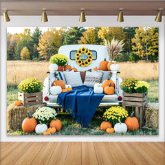 Lofaris White Truck Autumn Harvest Holiday Backdrop with Pumpkins and Mums, Rustic Fall Photography Background for Thanksgiving Party Decor