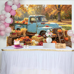 Lofaris Vintage Blue Truck Autumn Backdrop for Harvest Festival, Rustic Pumpkin and Hay Background for Portrait Photoshoot