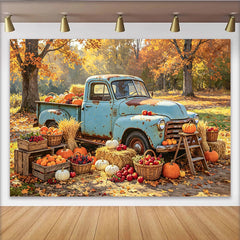 Lofaris Vintage Blue Truck Autumn Backdrop for Harvest Festival, Rustic Pumpkin and Hay Background for Portrait Photoshoot