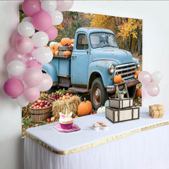 Lofaris Old Blue Truck Autumn Harvest Backdrop with Pumpkins and Hay Bales, Rustic Fall Foliage Background for Thanksgiving Party Decoration