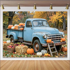 Lofaris Old Blue Truck Autumn Harvest Backdrop with Pumpkins and Hay Bales, Rustic Fall Foliage Background for Thanksgiving Party Decoration