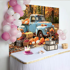 Celebrate Vintage Blue Truck Autumn Backdrop for Fall Harvest Photoshoot, Rustic Pumpkin and Hay Barn Background for Studio Portrait