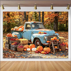 Celebrate Vintage Blue Truck Autumn Backdrop for Fall Harvest Photoshoot, Rustic Pumpkin and Hay Barn Background for Studio Portrait