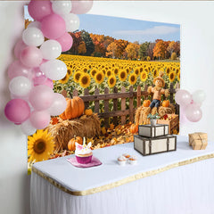 Lofaris Vibrant Autumn Sunflower Photography Backdrop with Pumpkins and Scarecrow, Rustic Fall Harvest Background for Studio Photoshoot