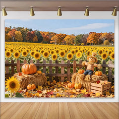 Lofaris Vibrant Autumn Sunflower Photography Backdrop with Pumpkins and Scarecrow, Rustic Fall Harvest Background for Studio Photoshoot