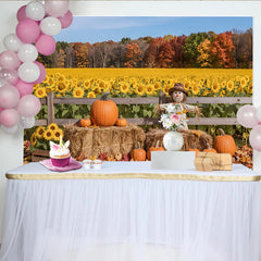 Celebrate Autumn Sunflower Field and Pumpkins Autumn Backdrop, Cute Scarecrow Photo Background for Thanksgiving Harvest Party