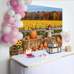 Celebrate Autumn Sunflower Field and Pumpkins Autumn Backdrop, Cute Scarecrow Photo Background for Thanksgiving Harvest Party